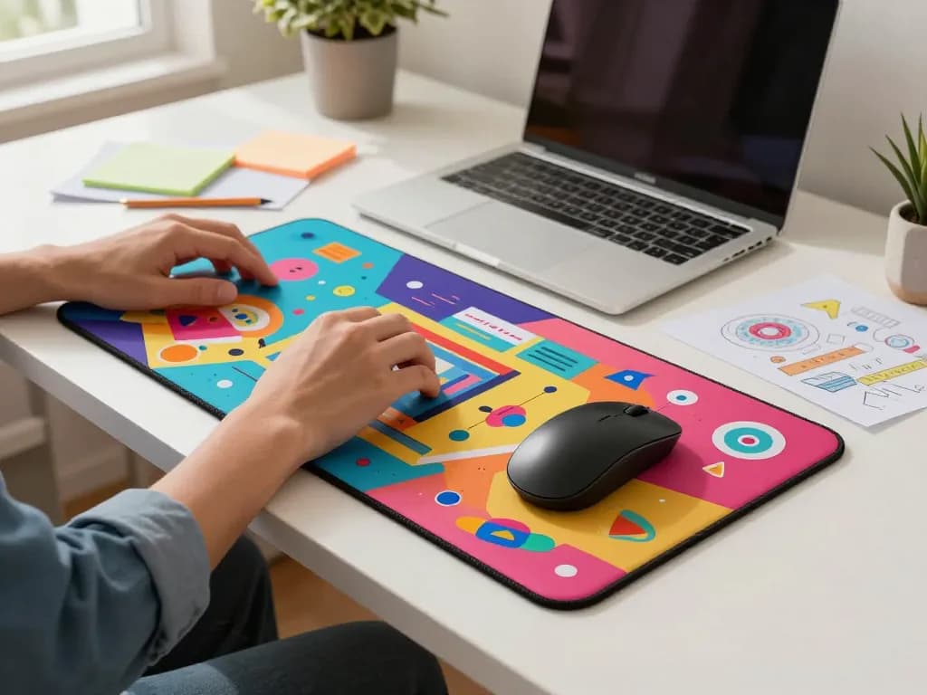 Custom 3D mouse pad with wrist support enhancing creative workspace ergonomics.