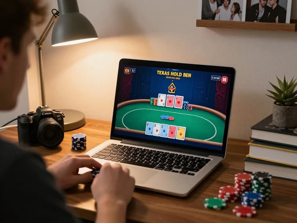 33WIN player competing in online poker from a cozy home office with laptops and strategy notes