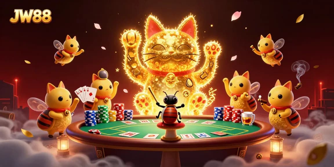 Experience thrilling betting strategies with JW88's vibrant lucky cat and casino elements.