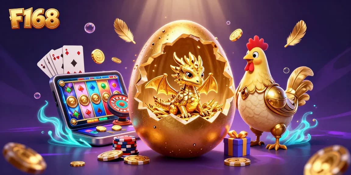 F168 engages players with a vibrant casino scene featuring gold dragon and interactive gaming elements.