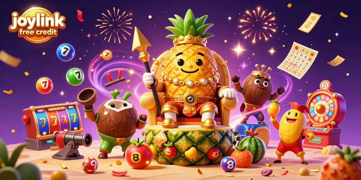 Engage with joylink free credit in a dynamic 3D casino illustration featuring vibrant slot elements.