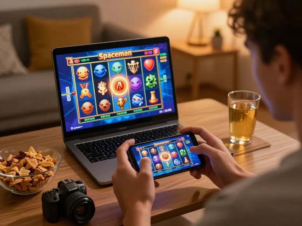 Player enjoying slot spaceman on mobile device in cozy home setting, showcasing online gaming excitement and responsible gaming practices.