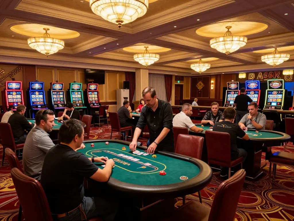 Players strategizing at DA88 poker tables, with vibrant casino lights enhancing the excitement.