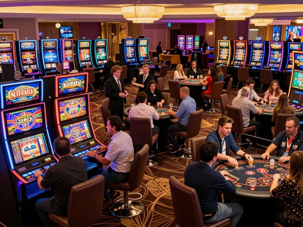 Nohu players engaging with colorful slot machines in an exciting casino atmosphere.