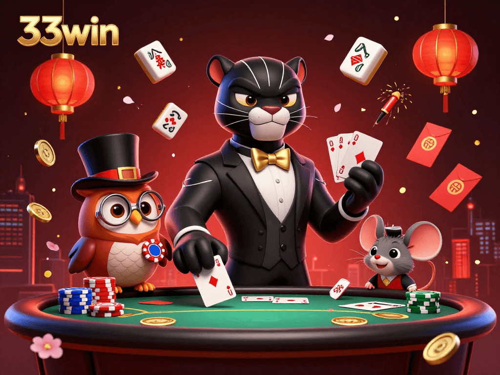 Experience thrilling poker action with 33win's charming characters and dynamic casino elements in an exquisite 3D scene.