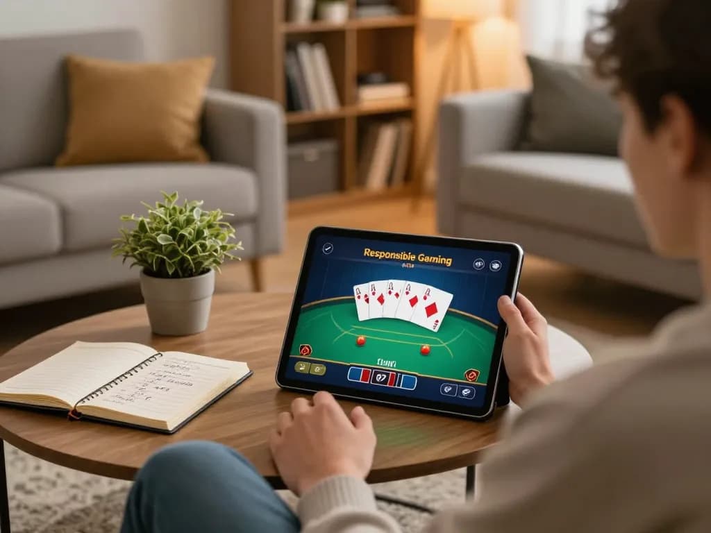 Person enjoying a poker game through online casino app on tablet in a cozy living room space while following responsible gambling practices.
