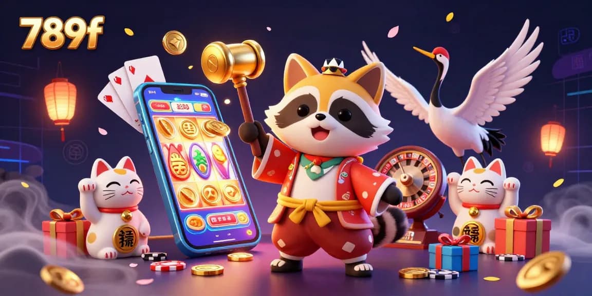 Engage with 789f's vibrant atmosphere, where fortune cats and gaming elements create a festive casino scene.