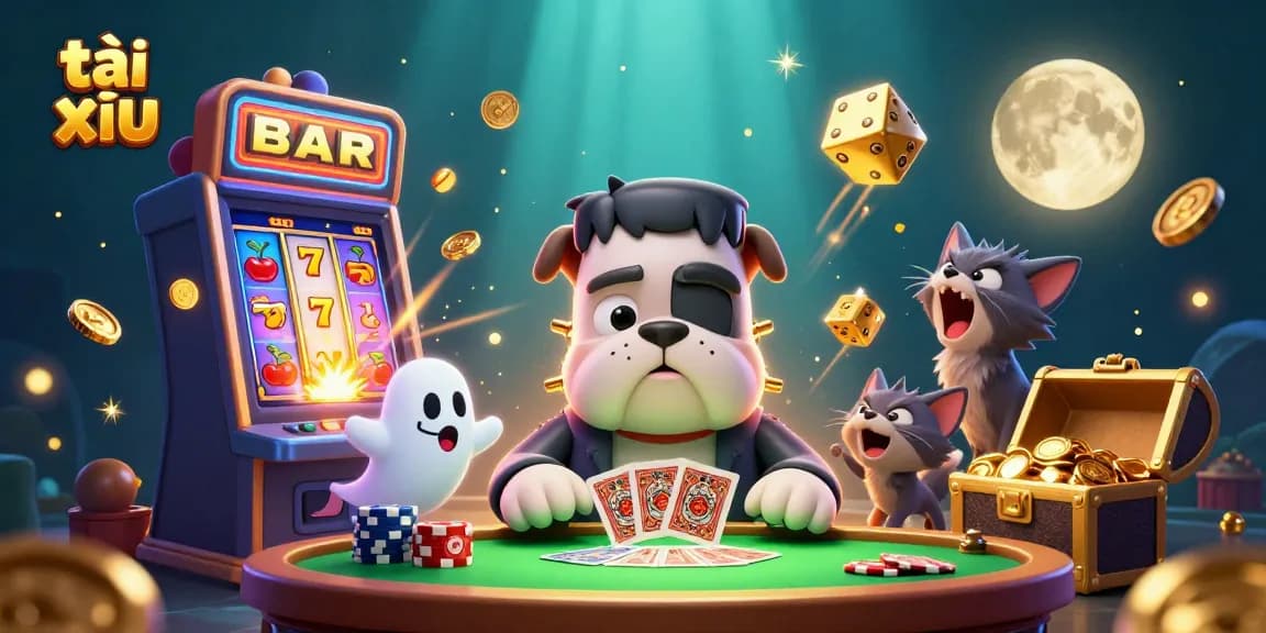 Engaging tài xỉu action featuring a bulldog dealer and casino elements in a vibrant scene.