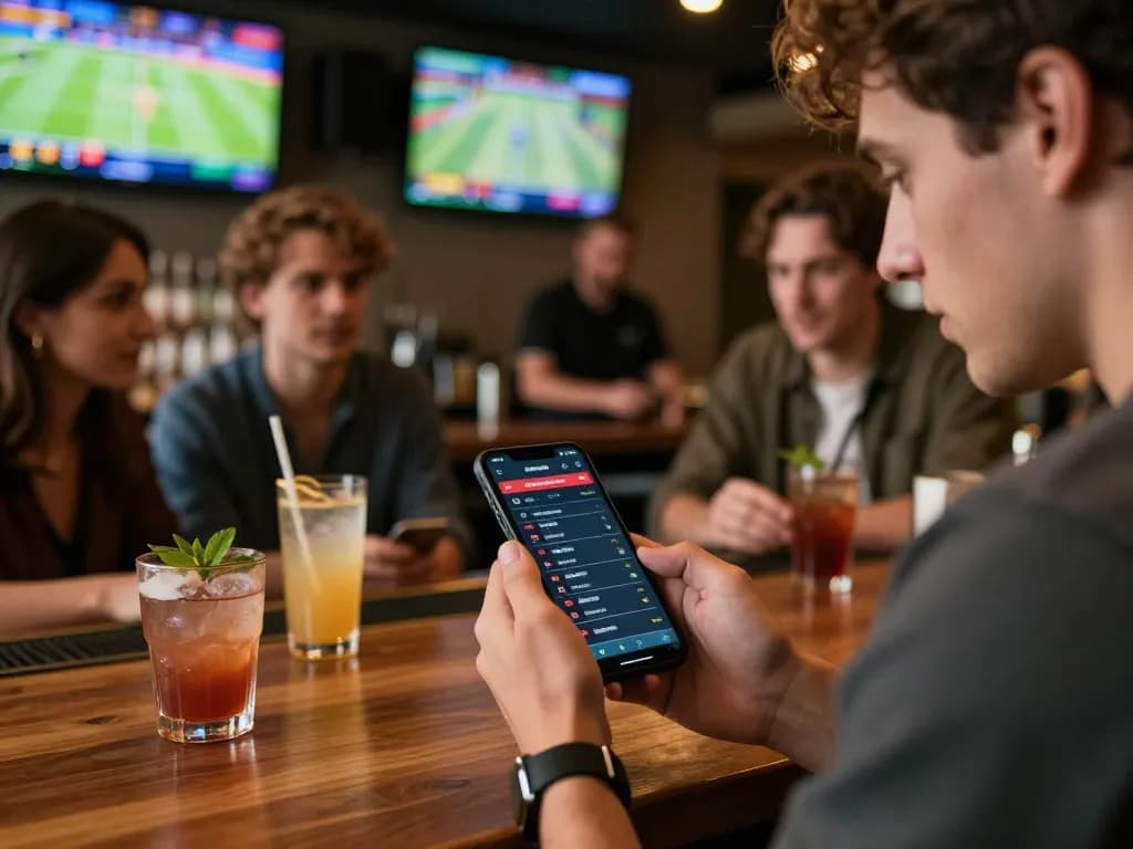 Person analyzing sports odds on nk88 app at lively bar with friends
