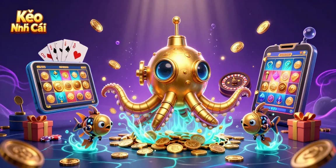 Kèo Nhà Cái brings excitement as a golden kraken submarine emerges with coins and slot games.