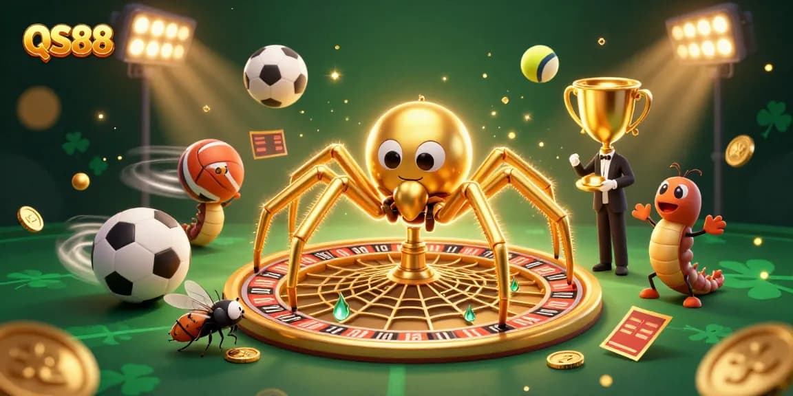 Engage in thrilling bets and winnings at QS88 featuring an excited fly at a roulette web.
