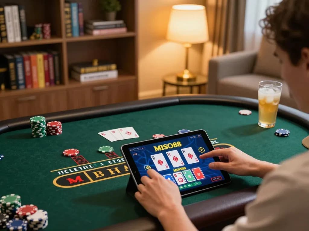 MISO88 player engaging with online baccarat in a cozy home setting with warm lighting.