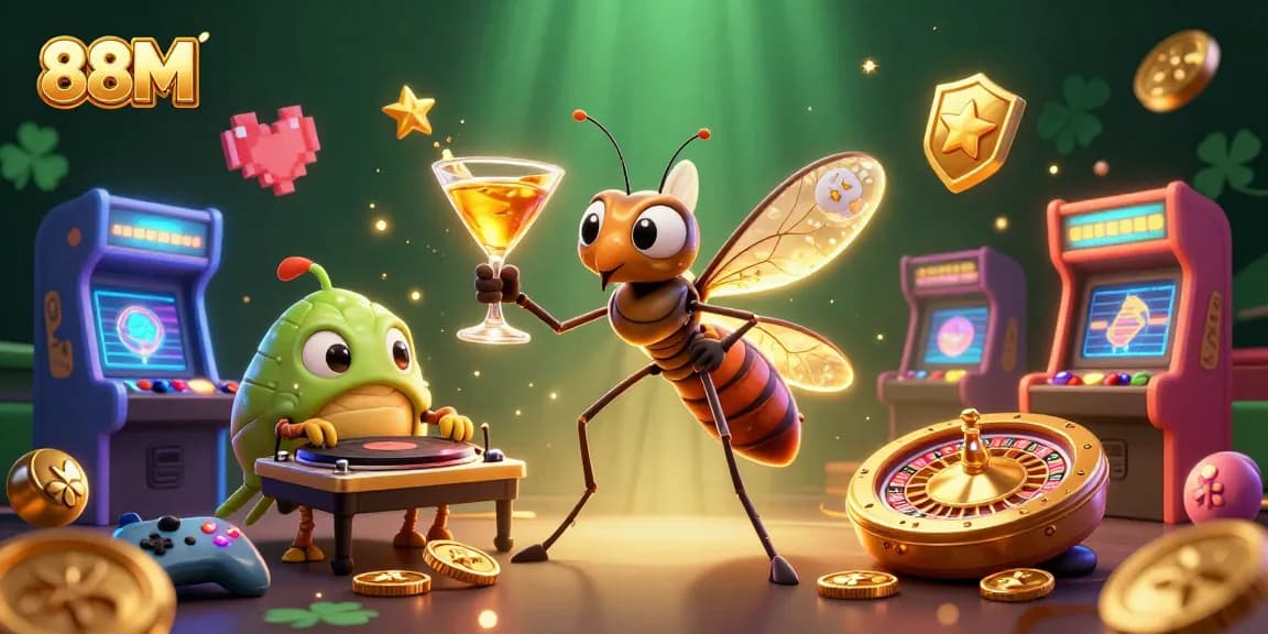 Experience the excitement of 88M with a lively casino scene featuring unique characters and vibrant gaming elements.