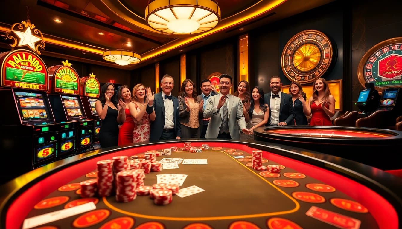 Players celebrating a big win at the s8 casino with poker chips and a roulette wheel.