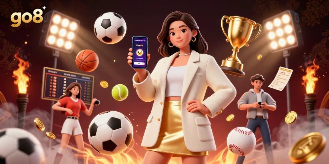 Engage with go8's sports betting app in a vibrant, 3D casino illustration featuring an Asian woman.