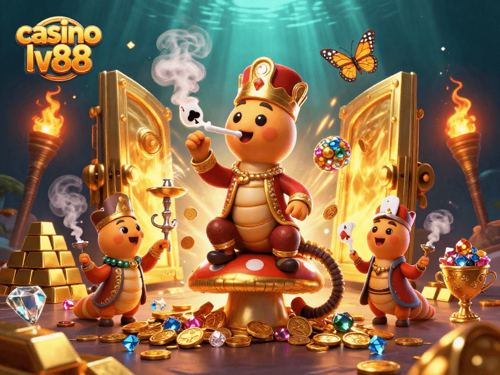 Experience casino lv88 excitement with a vibrant 3D cartoon illustration showcasing a hookah-master and treasure elements.