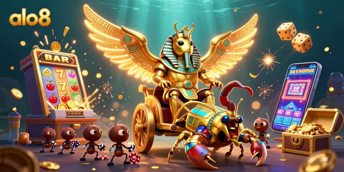 Experience exciting gaming with alo8's 3D illustrative scene of jackpots and casino thrills.