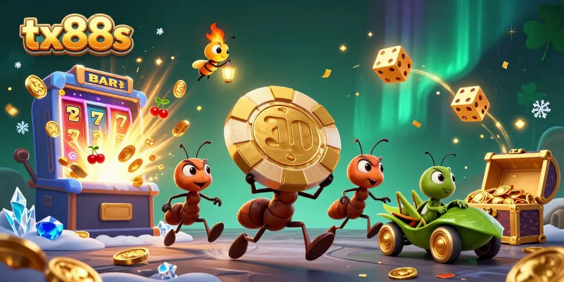 Engage in thrilling challenges at tx88s with ants running a heist for a golden poker chip amidst dynamic casino elements.