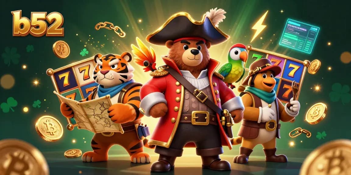 Engage with b52's thrilling slot games featuring pirate elements, Bitcoin coins, and vibrant graphics.