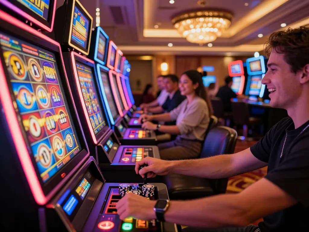 Exciting scene at casino 789win with players engaging with vibrant slot machines.