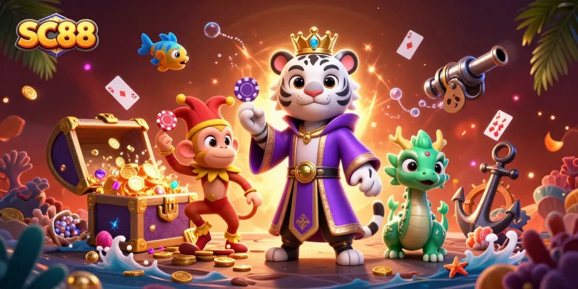 Engage in thrilling gameplay at SC88 casino, featuring vibrant characters, poker chips, and enchanting treasures.