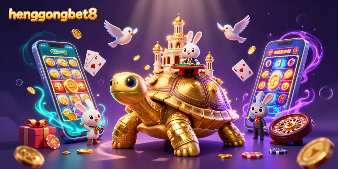 Engage in thrilling gameplay at hengongbet8 with this immersive 3D casino scene featuring a golden tortoise and vibrant slot games.