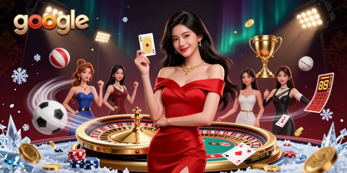 Wetten Sie auf aufregende Spiele bei Google, präsentiert von einer atemberaubenden asiatischen Frau mit einer goldenen Spielkarte.