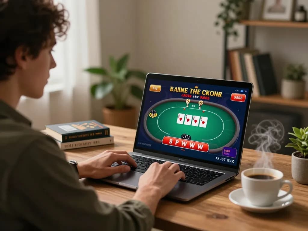 Gamer enjoying tip88 online poker in stylish home office, promoting responsible gaming