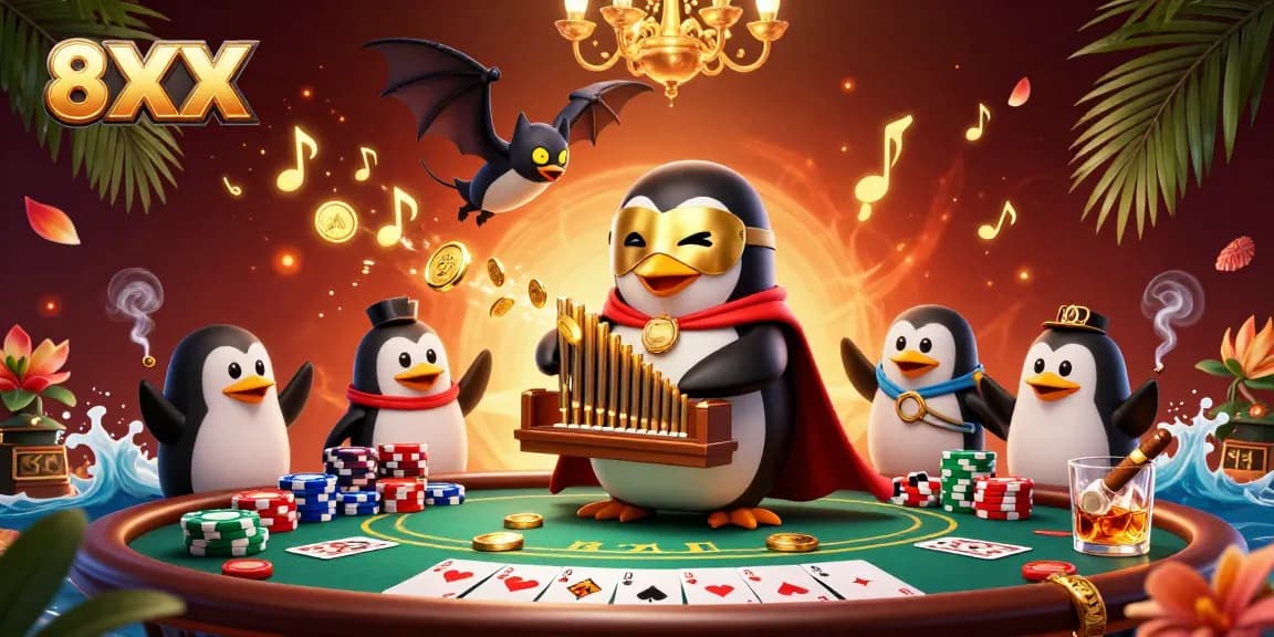 Experience excitement with the 8XX casino penguin playing an organ that shoots coins.