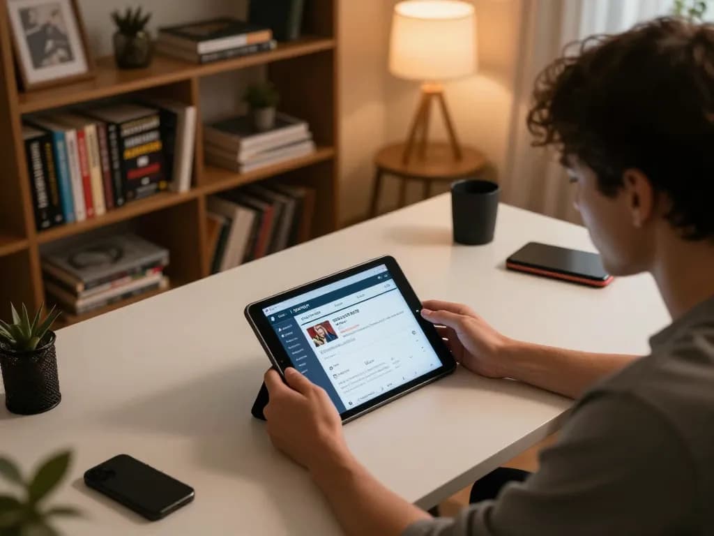 Engaging with kèo nhà cái on a tablet in a cozy home gaming setup with warm lighting.