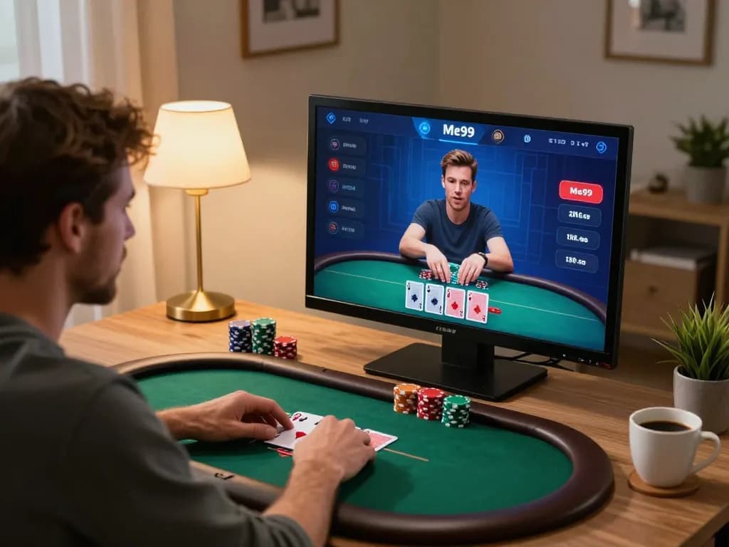 Playing poker on the Me99 app, showcasing an engaging at-home gaming experience.