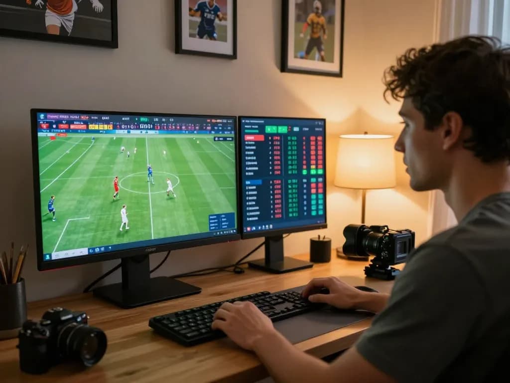 Engaged bettor examining kèo nhà cái odds on multiple screens in stylish home office.
