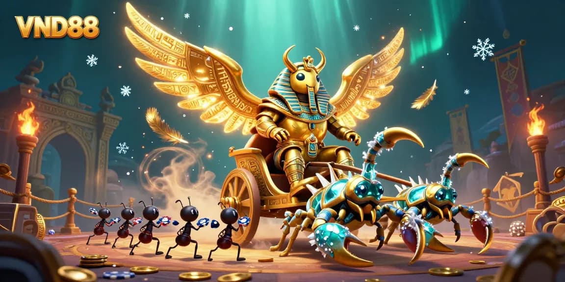 Experience thrilling gameplay with VND88's vibrant online casino featuring a golden scarab and scorpions.