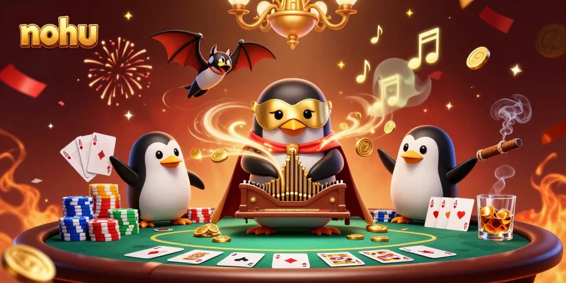 Nohu showcases thrilling casino action with a phantom penguin playing for wins among golden coins.