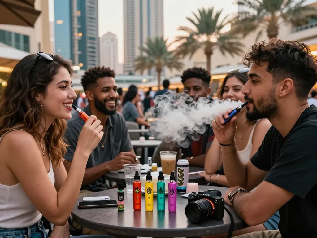 Dynamic scene of friends enjoying THC vapes in Dubai, highlighting marijuana discount sales UAE with stylish accessories.