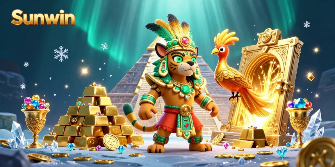 Engaging Sunwin gaming experience showcasing vibrant casino elements, luminous treasure vaults, and mythical characters.