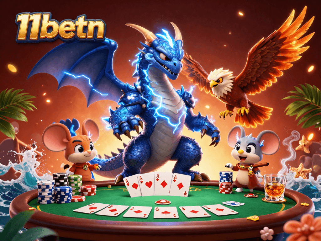 Engage with thrilling casino action featuring 11betn's dynamic characters and poker scene elements.