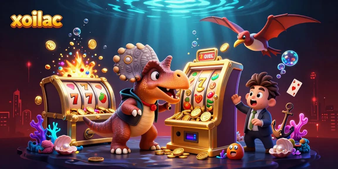 xoilac slots scene featuring animated dinosaurs winning jackpots and collecting coins