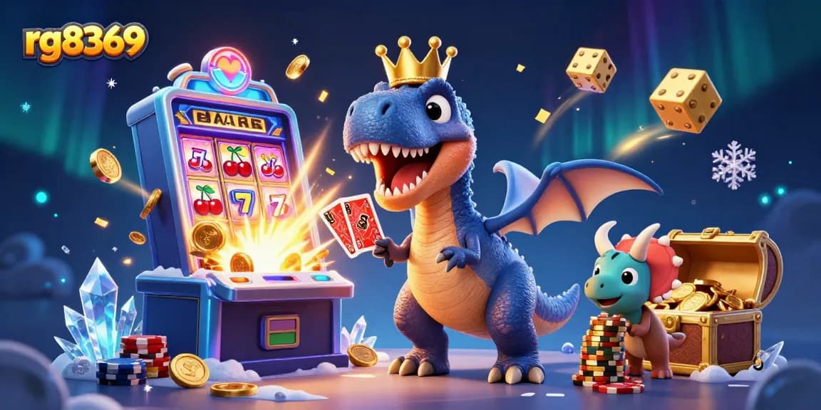 Experience thrills with rg8369's whimsical characters playing cards in a vibrant casino scene.