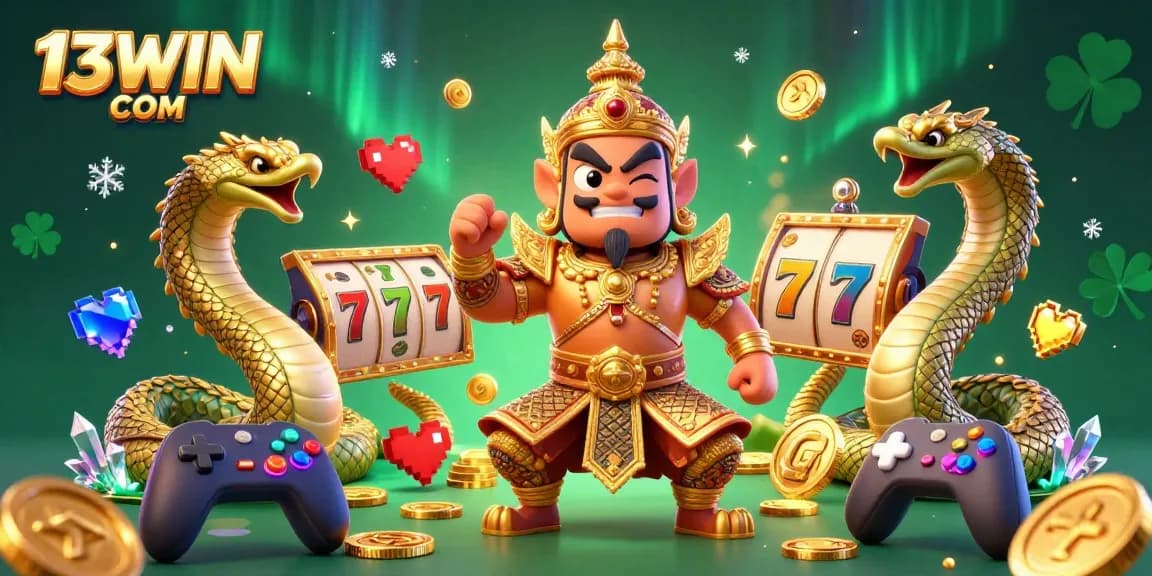 Engage with the vibrant world of 13WIN COM casino games amidst colorful slot reels and guardian characters.