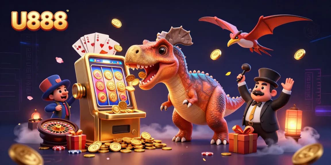 U888 showcases a dinosaur-themed casino scene featuring a slot machine, vibrant coins, and animated action.