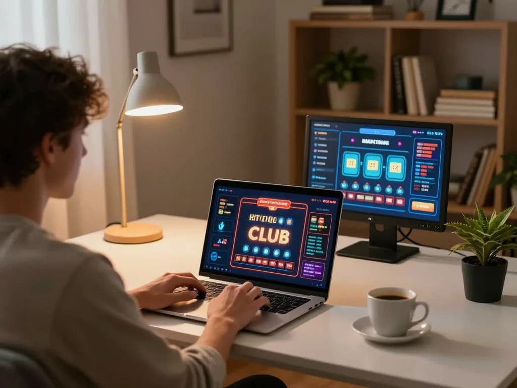 Engaged player using Hit club for online casino gaming on laptop in cozy home setting.