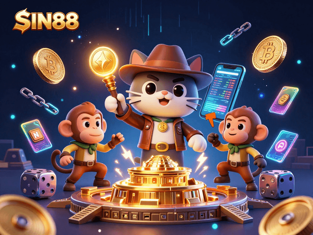 SIN88 showcases an adventurous cat and monkey companion amidst vibrant casino elements.