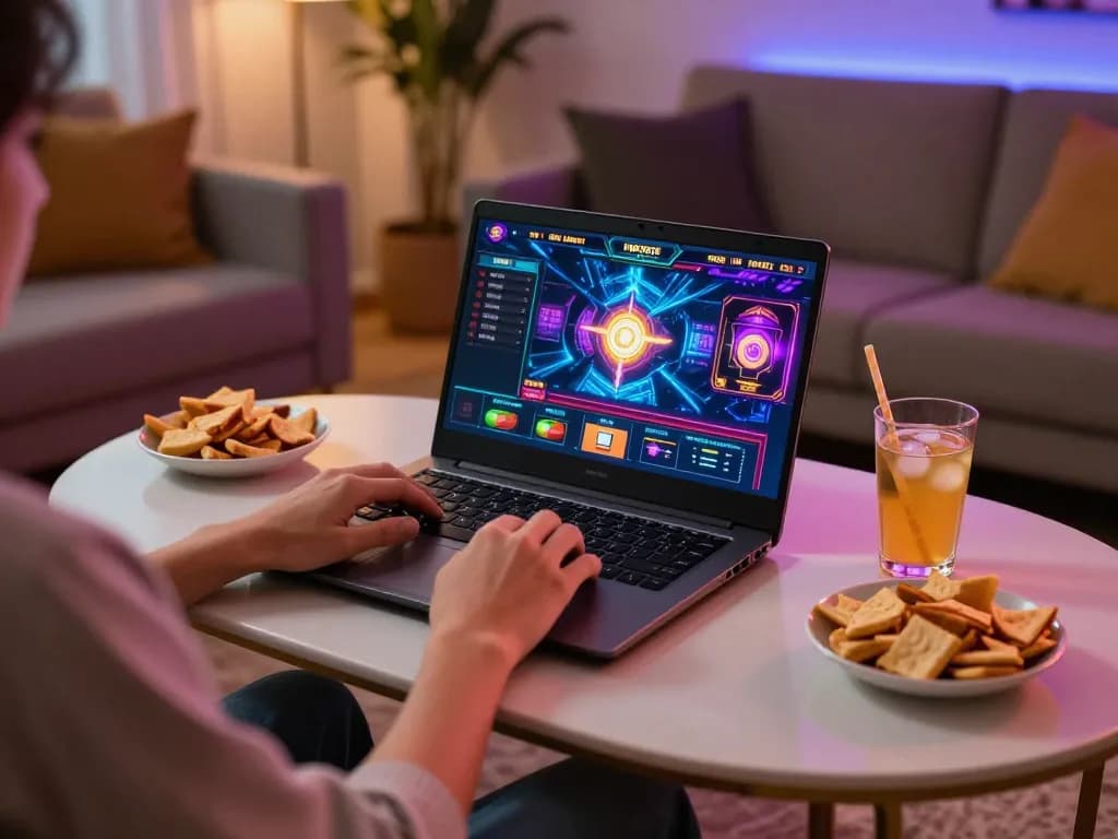 Engaged player enjoying 78win online casino gaming in a cozy home setting.