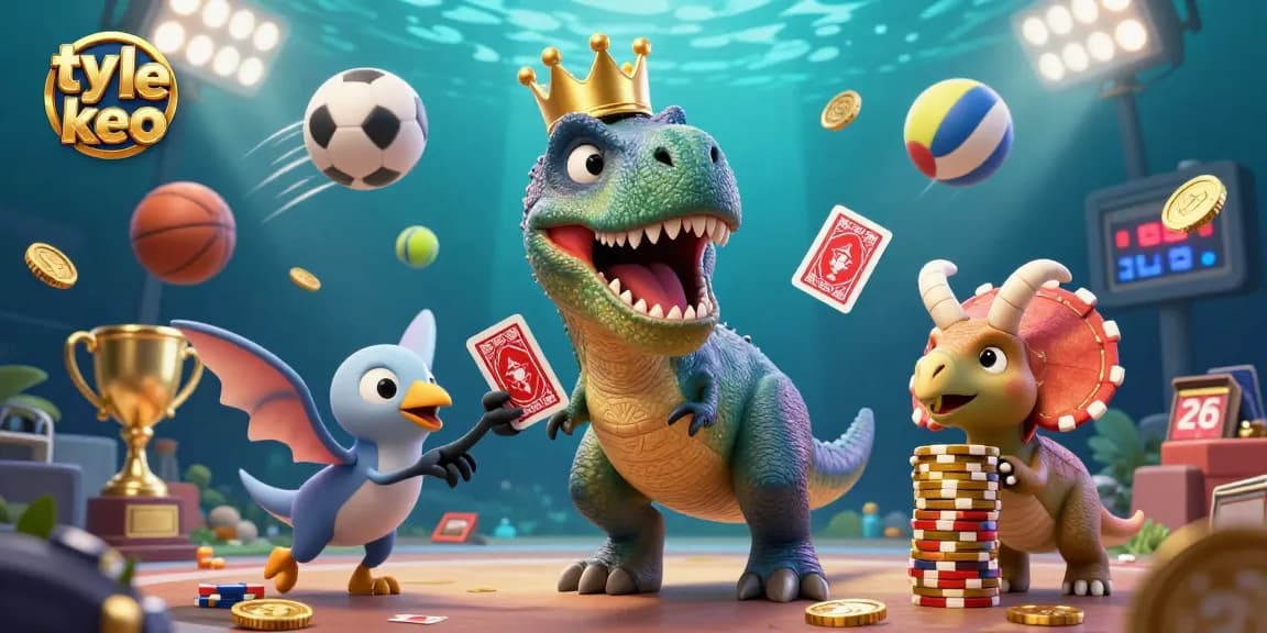 Experience the excitement of ty le keo with T-Rex shuffling cards and sports elements in action!