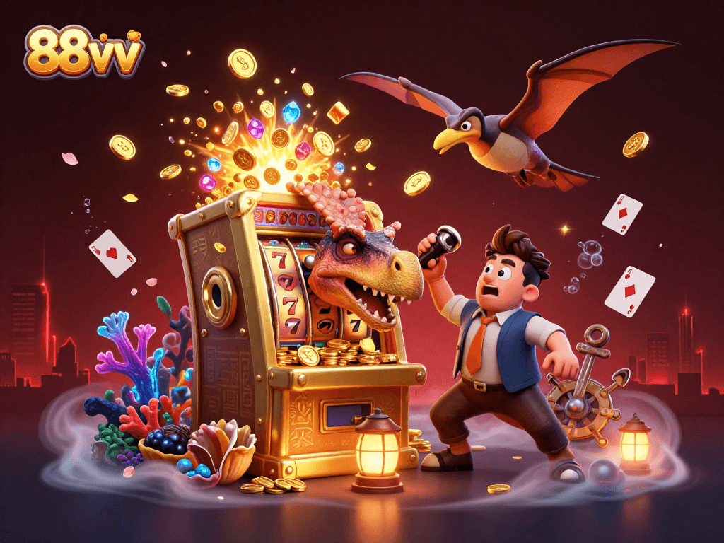 Watch the pachycephalosaurus winning a jackpot at 88vv with flying coins during a thrilling casino scene.
