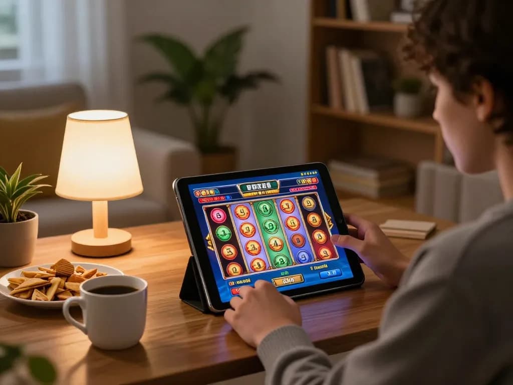 Player enjoying online slots at home using a tablet, showcasing casino stranieri che accettano italiani in a relaxed environment.
