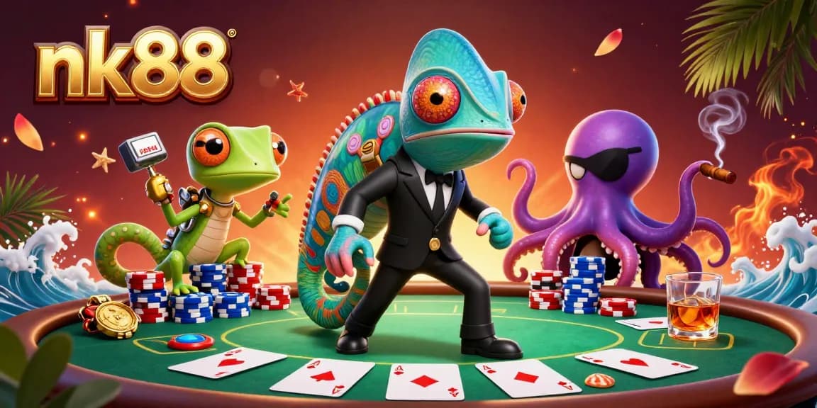 Experience high-stakes poker action with nk88 featuring a chameleon in a suit and vibrant casino elements.