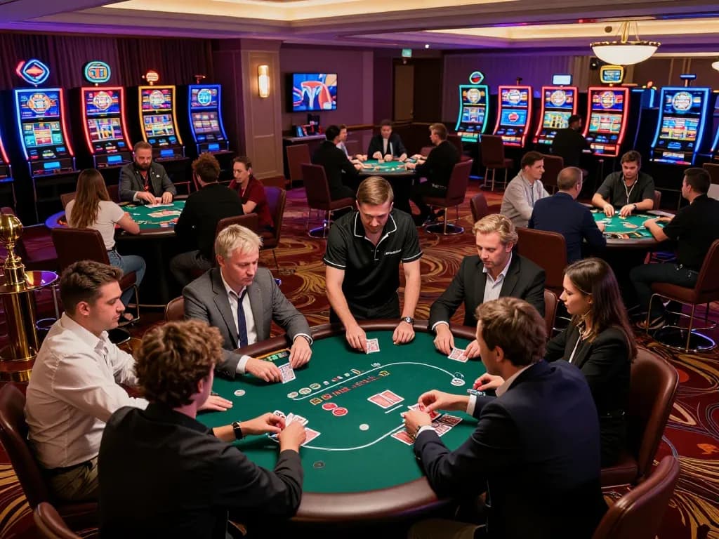 Players enjoying a thrilling game of poker at OnBet's stylish casino floor