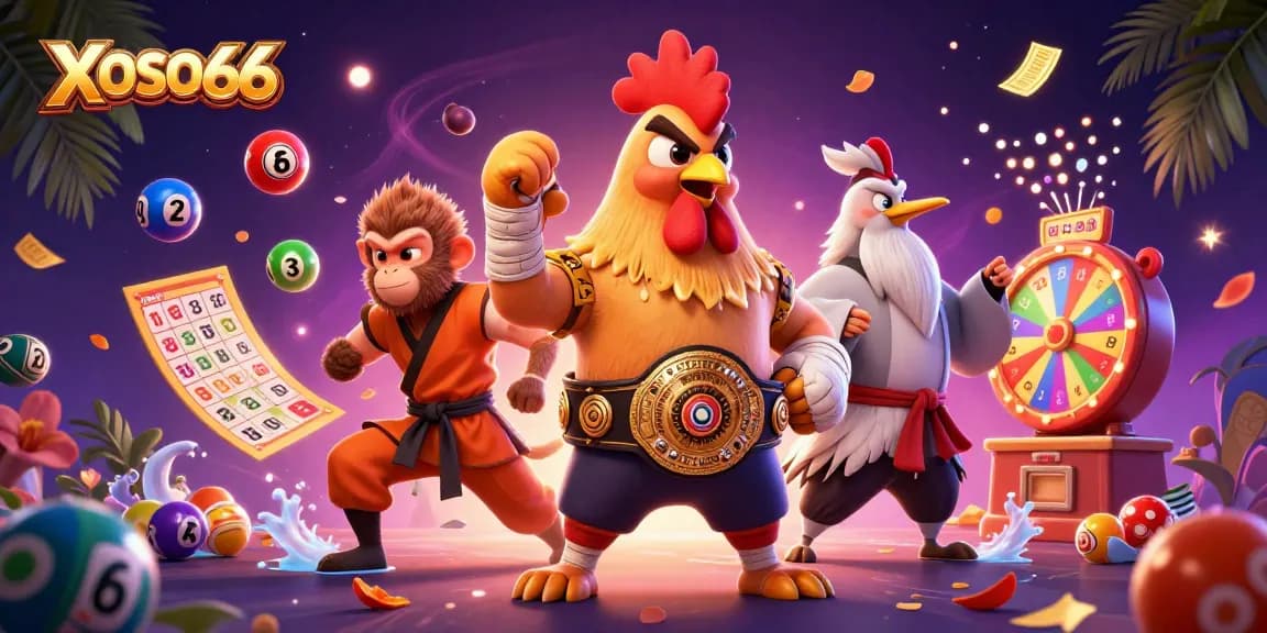 Experience exciting lottery games with XOSO66's vibrant character scene and dynamic elements.